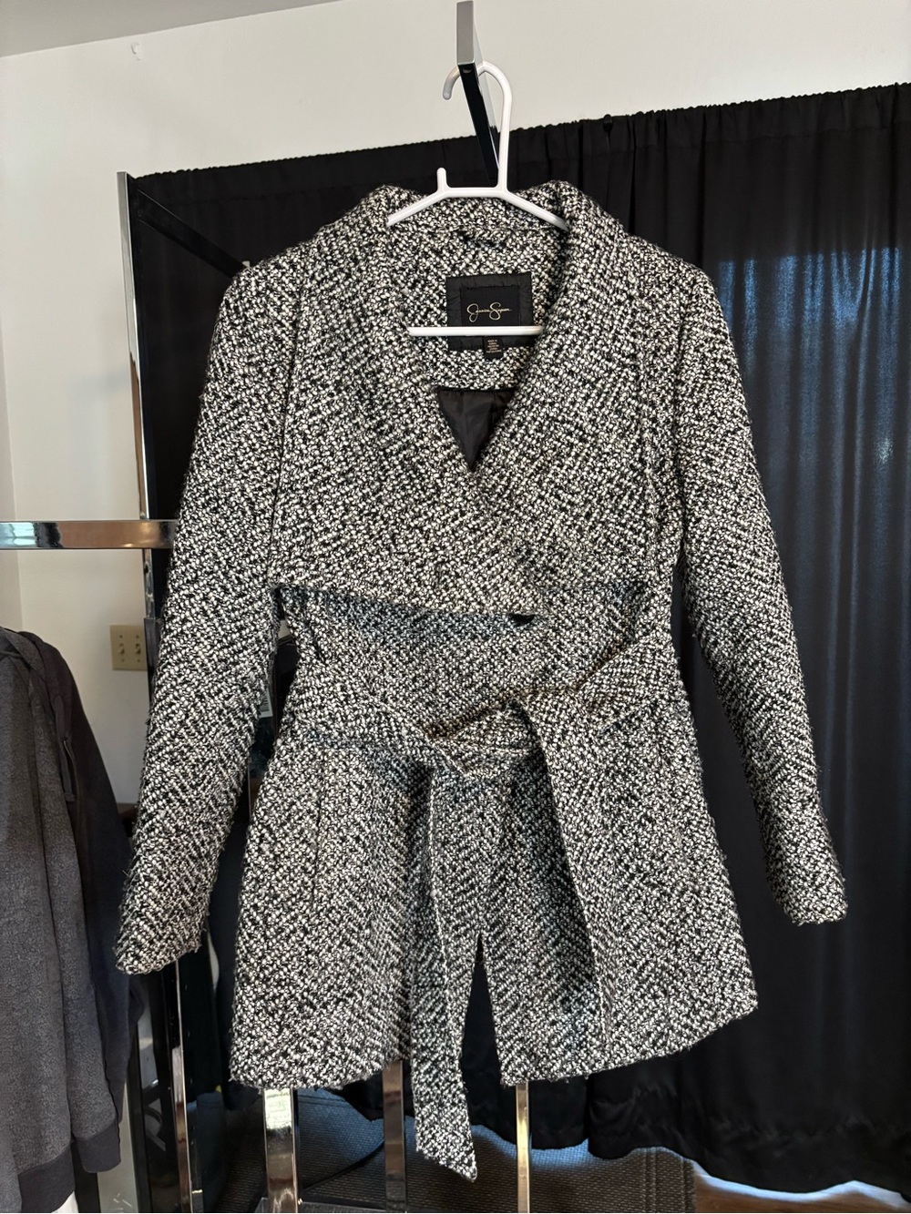 Jessica Simpson Black and White Tweed Belted Trench Coat